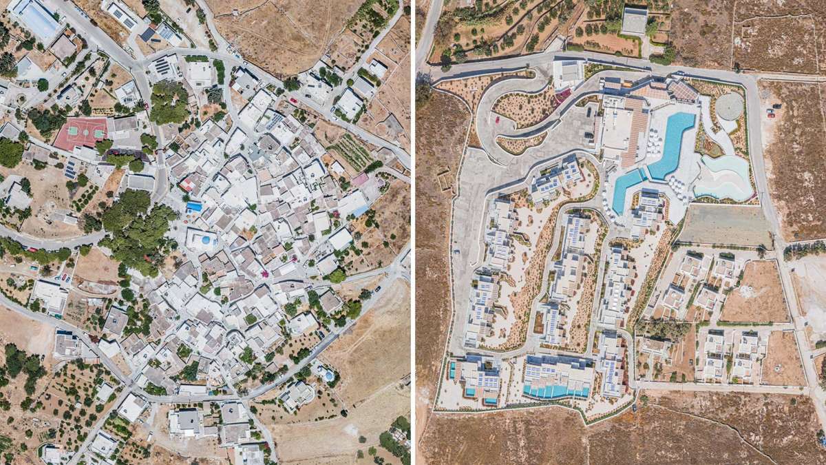 Kostos and a tourist complex seen from above, on the same scale.
