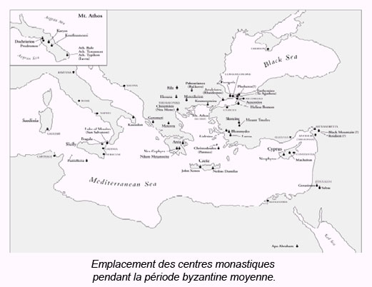 Emplacement des centres monastiques pendant la période byzantine moyenne.